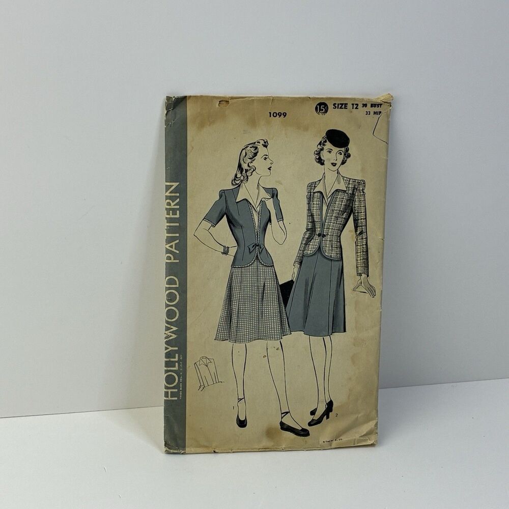 Dress Jacket Skirt Dickey Size 12 b30 Hollywood Pattern 1099 Vintage CUT